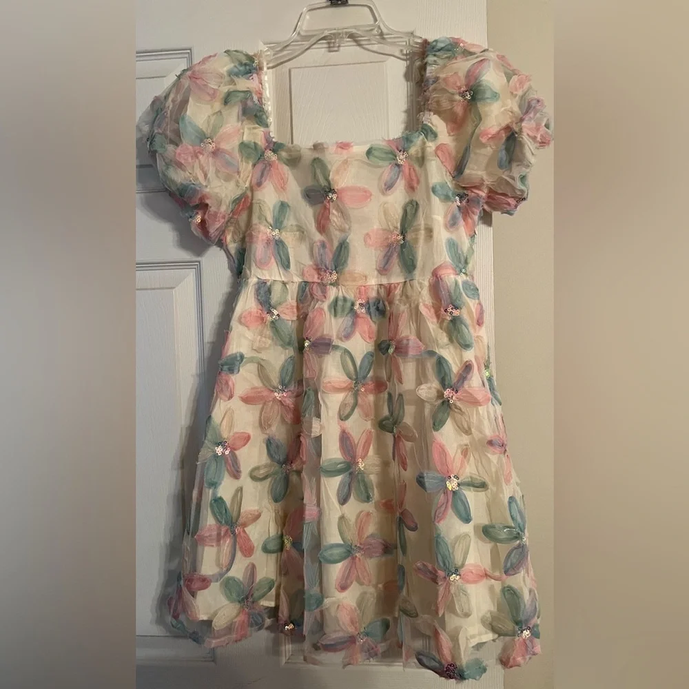 Romantic Pastel Floral Appliqué Puff Sleeve Mini Dress Sequins NWT M #2339-40